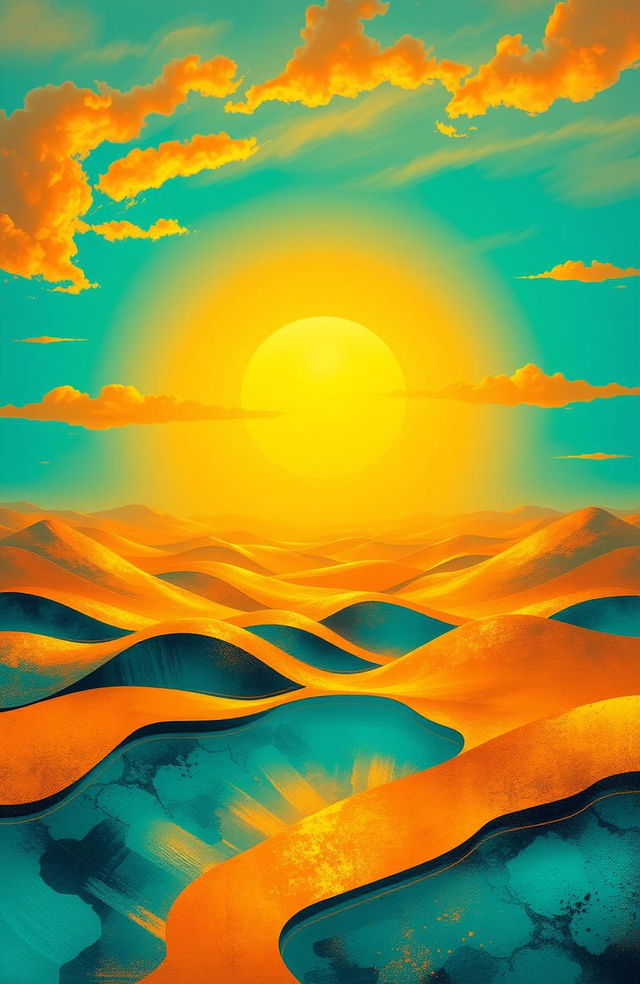 An artistic interpretation titled 'Along the Moving Sun', featuring a captivating landscape where the sun glows with warm golden hues