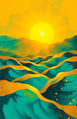 An artistic interpretation titled 'Along the Moving Sun', featuring a captivating landscape where the sun glows with warm golden hues