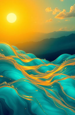 An artistic interpretation titled 'Along the Moving Sun', featuring a captivating landscape where the sun glows with warm golden hues