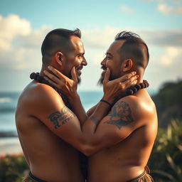 An intimate and artistic scene depicting a heartfelt moment between Maori men and white men sharing gentle kisses, celebrating love and cultural diversity