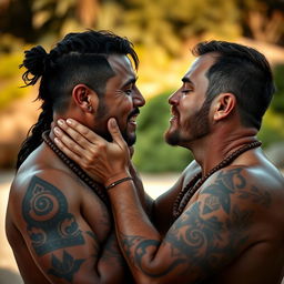 An intimate and artistic scene depicting a heartfelt moment between Maori men and white men sharing gentle kisses, celebrating love and cultural diversity