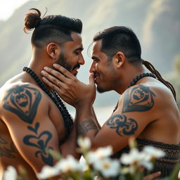 An intimate and artistic scene depicting a heartfelt moment between Maori men and white men sharing gentle kisses, celebrating love and cultural diversity