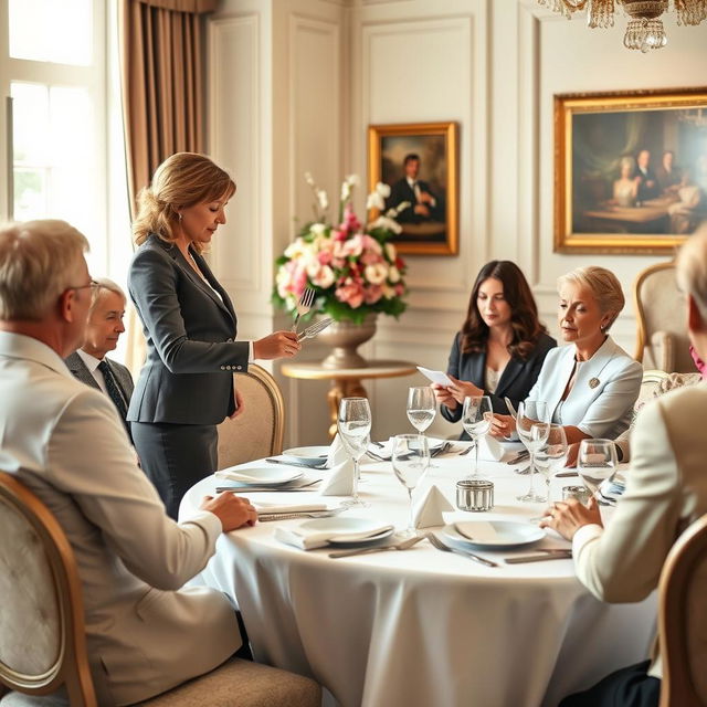 A formal etiquette class taking place in a beautifully decorated room with elegant chairs and a polished table