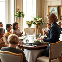 A formal etiquette class taking place in a beautifully decorated room with elegant chairs and a polished table