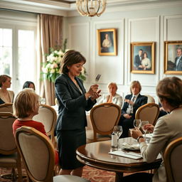 A formal etiquette class taking place in a beautifully decorated room with elegant chairs and a polished table