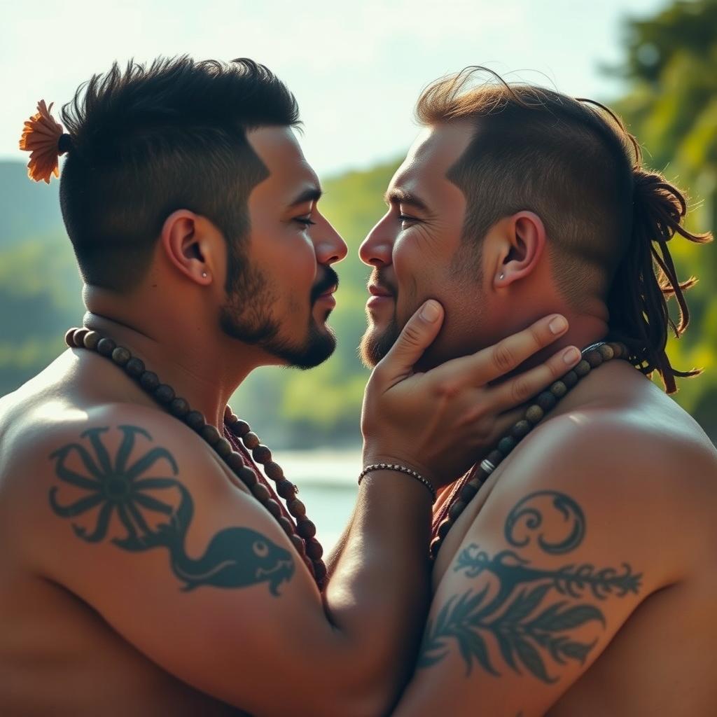 An intimate and heartwarming scene depicting Maori men and white men sharing soft kisses, symbolizing love and unity across cultures