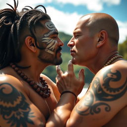 An intimate and heartwarming scene depicting Maori men and white men sharing soft kisses, symbolizing love and unity across cultures