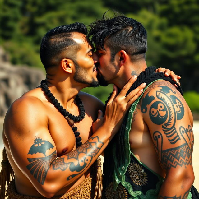 An intimate and heartwarming scene depicting Maori men and white men sharing soft kisses, symbolizing love and unity across cultures