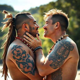 An intimate and heartwarming scene depicting Maori men and white men sharing soft kisses, symbolizing love and unity across cultures