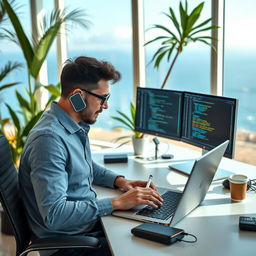 A typical Cypriot citizen working in the ICT sector, sitting at a modern office desk, using a laptop with multiple screens displaying code and digital graphics