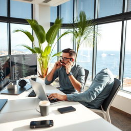 A typical Cypriot citizen working in the ICT sector, sitting at a modern office desk, using a laptop with multiple screens displaying code and digital graphics