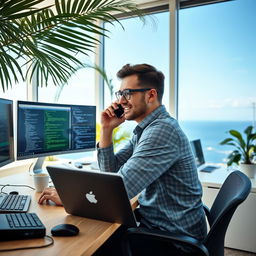 A typical Cypriot citizen working in the ICT sector, sitting at a modern office desk, using a laptop with multiple screens displaying code and digital graphics