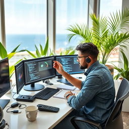 A typical Cypriot citizen working in the ICT sector, sitting at a modern office desk, using a laptop with multiple screens displaying code and digital graphics