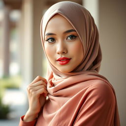 A hyper-realistic portrait of a beautiful Malay woman wearing a hijab, capturing her head and body in an elegant pose