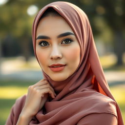 A hyper-realistic portrait of a beautiful Malay woman wearing a hijab, capturing her head and body in an elegant pose