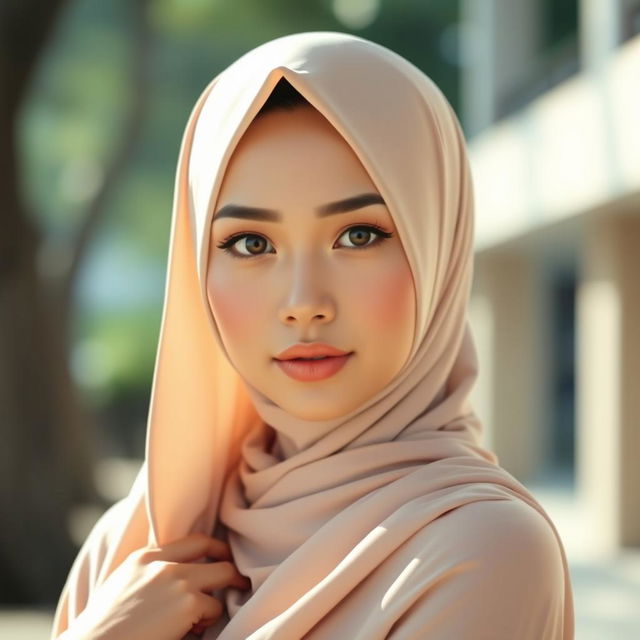 A hyper-realistic portrait of a beautiful Malay woman wearing a hijab, capturing her head and body in an elegant pose