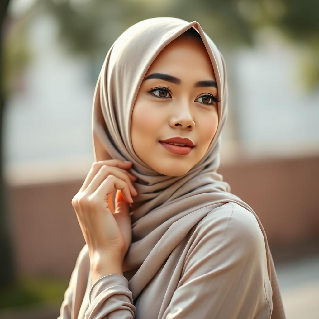 A hyper-realistic portrait of a beautiful Malay woman wearing a hijab, capturing her head and body in an elegant pose