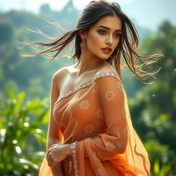 A beautiful woman wearing a wet, transparent saree that clings to her figure, draped elegantly around her silhouette