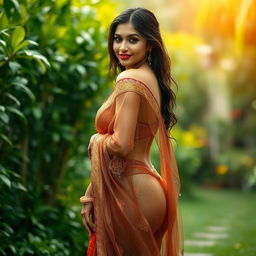 A sultry woman adorned in a wet, transparent saree that clings to her curves, showcasing intricate traditional patterns and vibrant colors