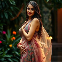 A sultry woman adorned in a wet, transparent saree that clings to her curves, showcasing intricate traditional patterns and vibrant colors