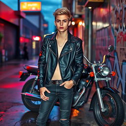 A stylish young adult wearing a sleek black leather jacket and skinny jeans, exuding a rebellious vibe