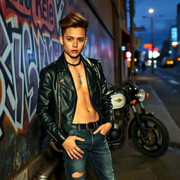 A stylish young adult wearing a sleek black leather jacket and skinny jeans, exuding a rebellious vibe