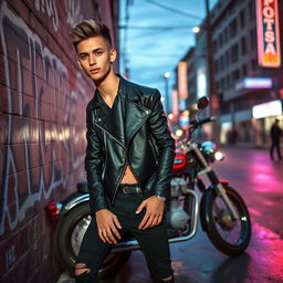 A stylish young adult wearing a sleek black leather jacket and skinny jeans, exuding a rebellious vibe