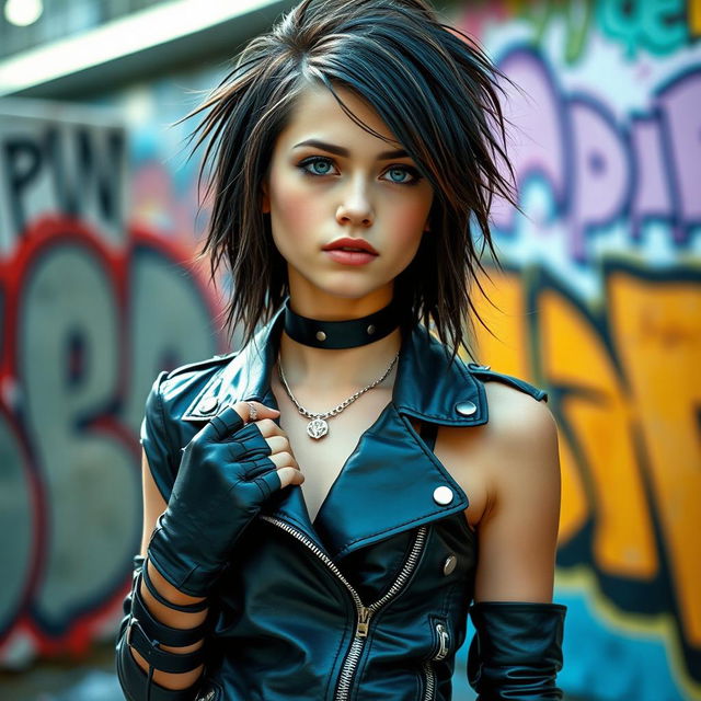 A stylish teenage girl exuding confidence and attitude, dressed in edgy black leather clothing