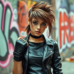A stylish teenage girl exuding confidence and attitude, dressed in edgy black leather clothing