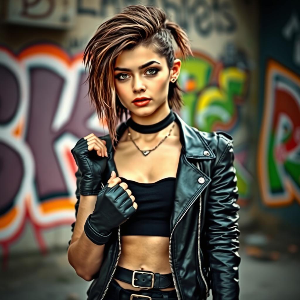 A stylish teenage girl exuding confidence and attitude, dressed in edgy black leather clothing