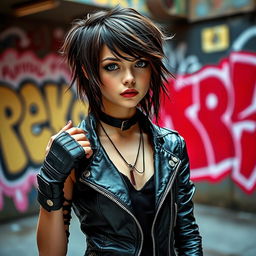 A stylish teenage girl exuding confidence and attitude, dressed in edgy black leather clothing