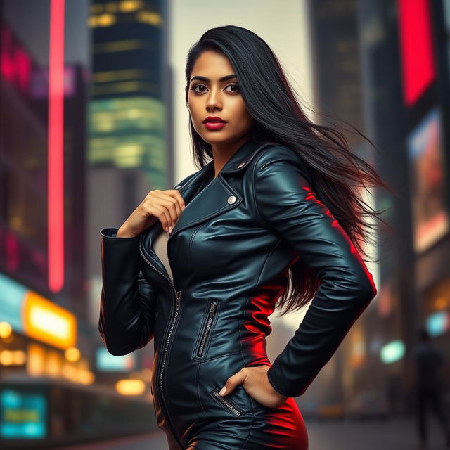 A confident Indian girl wearing a sleek, form-fitting black leather suit, standing tall in an urban environment