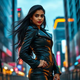 A confident Indian girl wearing a sleek, form-fitting black leather suit, standing tall in an urban environment