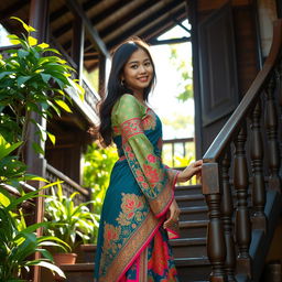 A beautiful Malay girl with attractive features standing gracefully at the edge of a traditional village house staircase, wearing a colorful traditional outfit that highlights her elegance