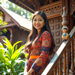 A beautiful Malay girl with attractive features standing gracefully at the edge of a traditional village house staircase, wearing a colorful traditional outfit that highlights her elegance