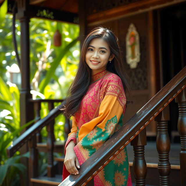 A beautiful Malay girl with attractive features standing gracefully at the edge of a traditional village house staircase, wearing a colorful traditional outfit that highlights her elegance