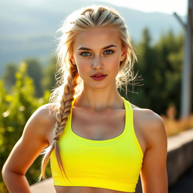 A young woman, 18 years old, with a blonde braid and an oval face