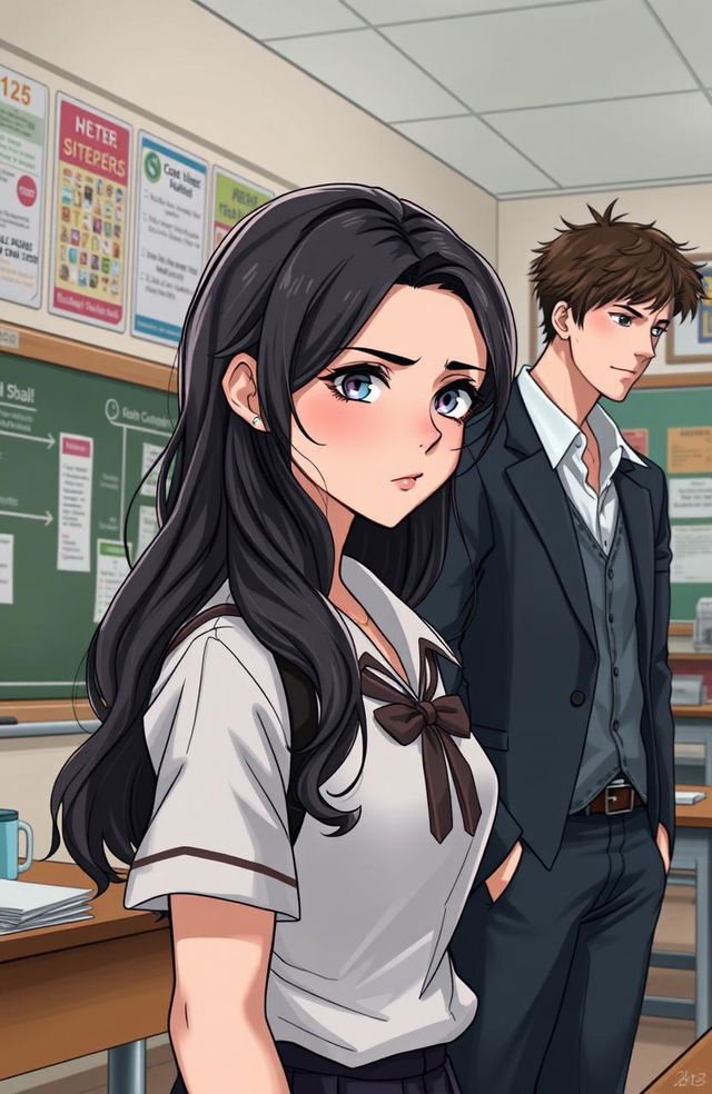 A dramatic, illustrative scene capturing the intense emotions of a young female student, age 14, depicted in a school setting