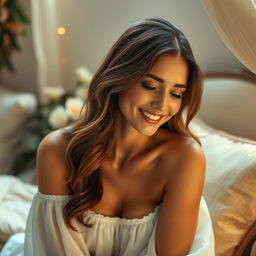 A beautiful, realistic woman wearing a flowing white dress, gazing tenderly with love in her eyes