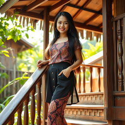 A beautiful Malay girl with an alluring presence standing at the edge of a traditional village house staircase, wearing a stylish yet modest outfit that complements her figure