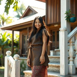 A beautiful Malay girl with an alluring presence standing at the edge of a traditional village house staircase, wearing a stylish yet modest outfit that complements her figure