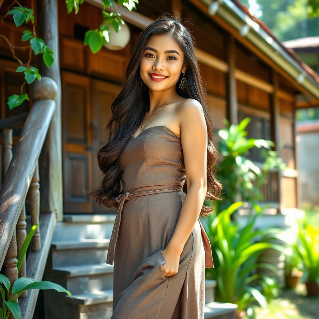 A beautiful Malay girl with an alluring presence standing at the edge of a traditional village house staircase, wearing a stylish yet modest outfit that complements her figure