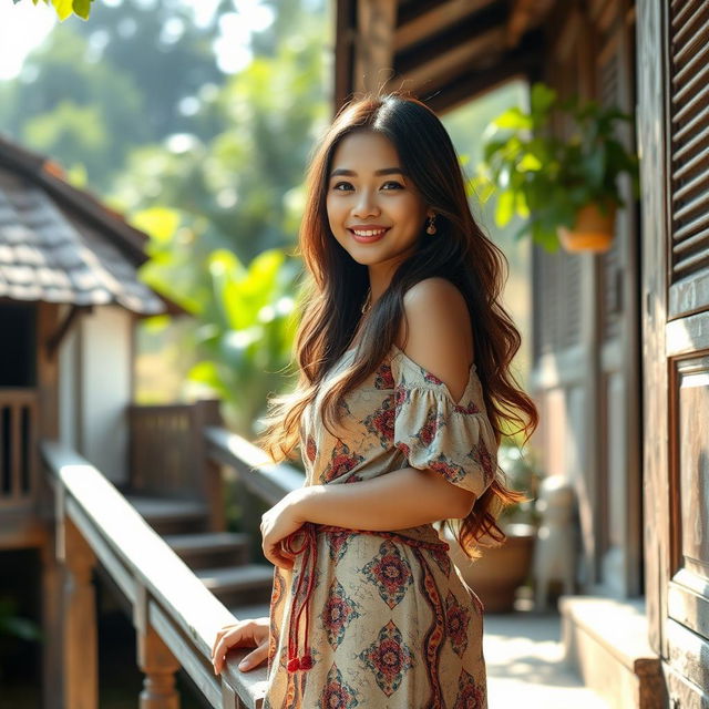 A beautiful Malay girl with an alluring presence standing at the edge of a traditional village house staircase, wearing a stylish yet modest outfit that complements her figure