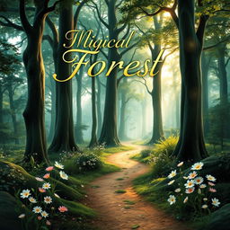 A stunning and unique book cover design featuring a mystical forest with tall, ancient trees and soft, ethereal light filtering through the leaves