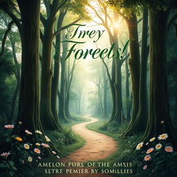 A stunning and unique book cover design featuring a mystical forest with tall, ancient trees and soft, ethereal light filtering through the leaves