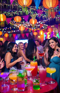 A vibrant fiesta scene filled with colorful lights, showcasing a lively atmosphere