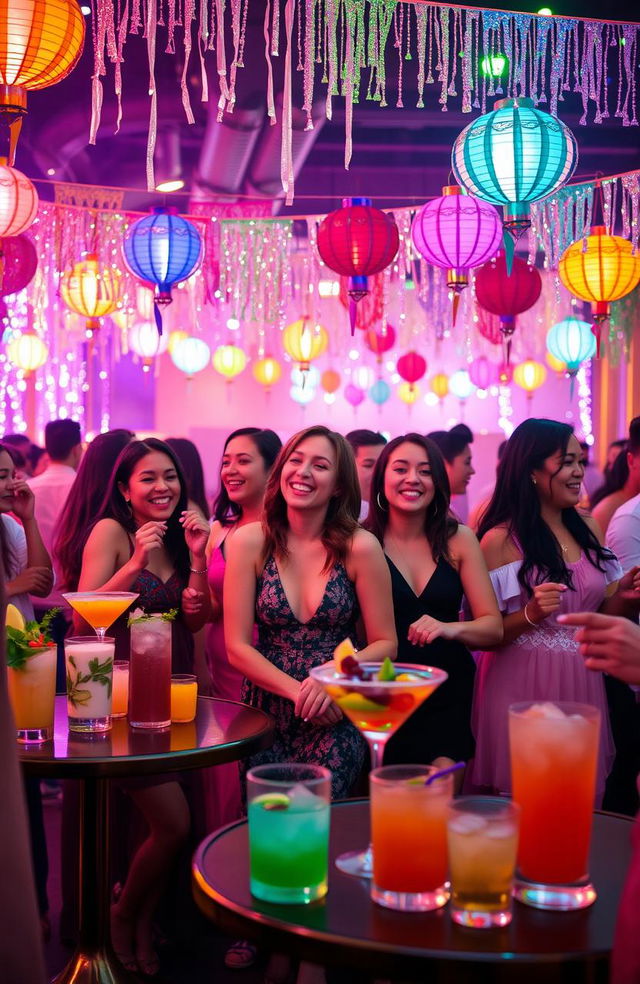 A vibrant fiesta scene filled with colorful lights, showcasing a lively atmosphere