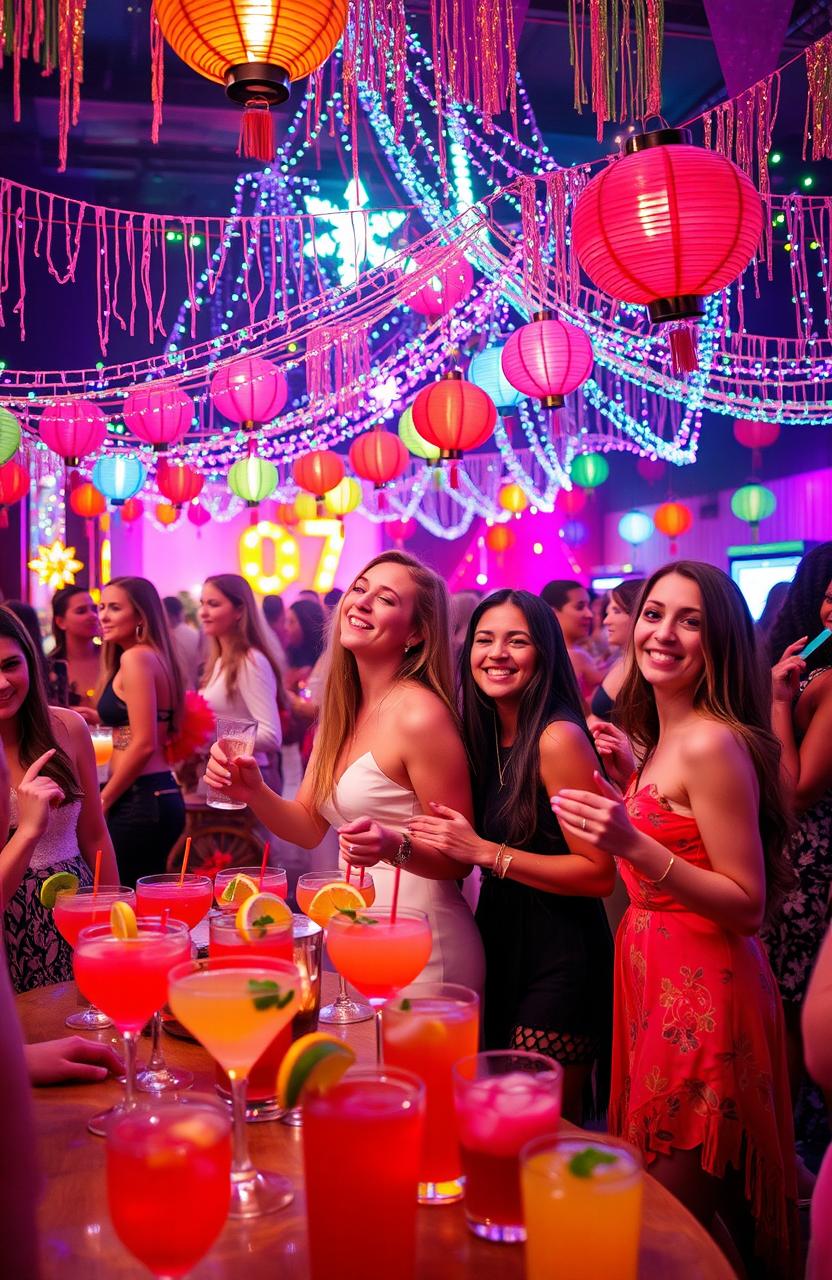 A vibrant fiesta scene filled with colorful lights, showcasing a lively atmosphere