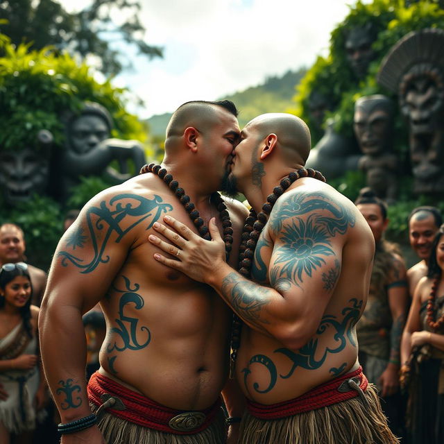 A dynamic and powerful scene featuring muscular Maori men expressing affection through a kiss, set against a backdrop of a traditional Maori gathering