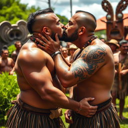A dynamic and powerful scene featuring muscular Maori men expressing affection through a kiss, set against a backdrop of a traditional Maori gathering